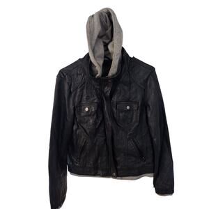 Ci Sono by Cavalini Black Vegan Leather Moto Jacket XL | Hooded Biker Coat